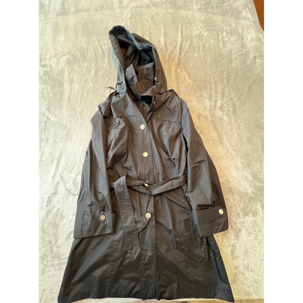 London Fog Trench Coat Women Size M Black Excellent Hooded Belted Rain Jacket